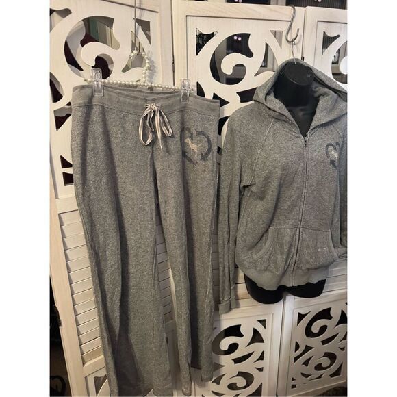 VS PINK grey glitter hooded pullover sweatshirt & pants  set- sweatsuit large - Picture 2 of 9